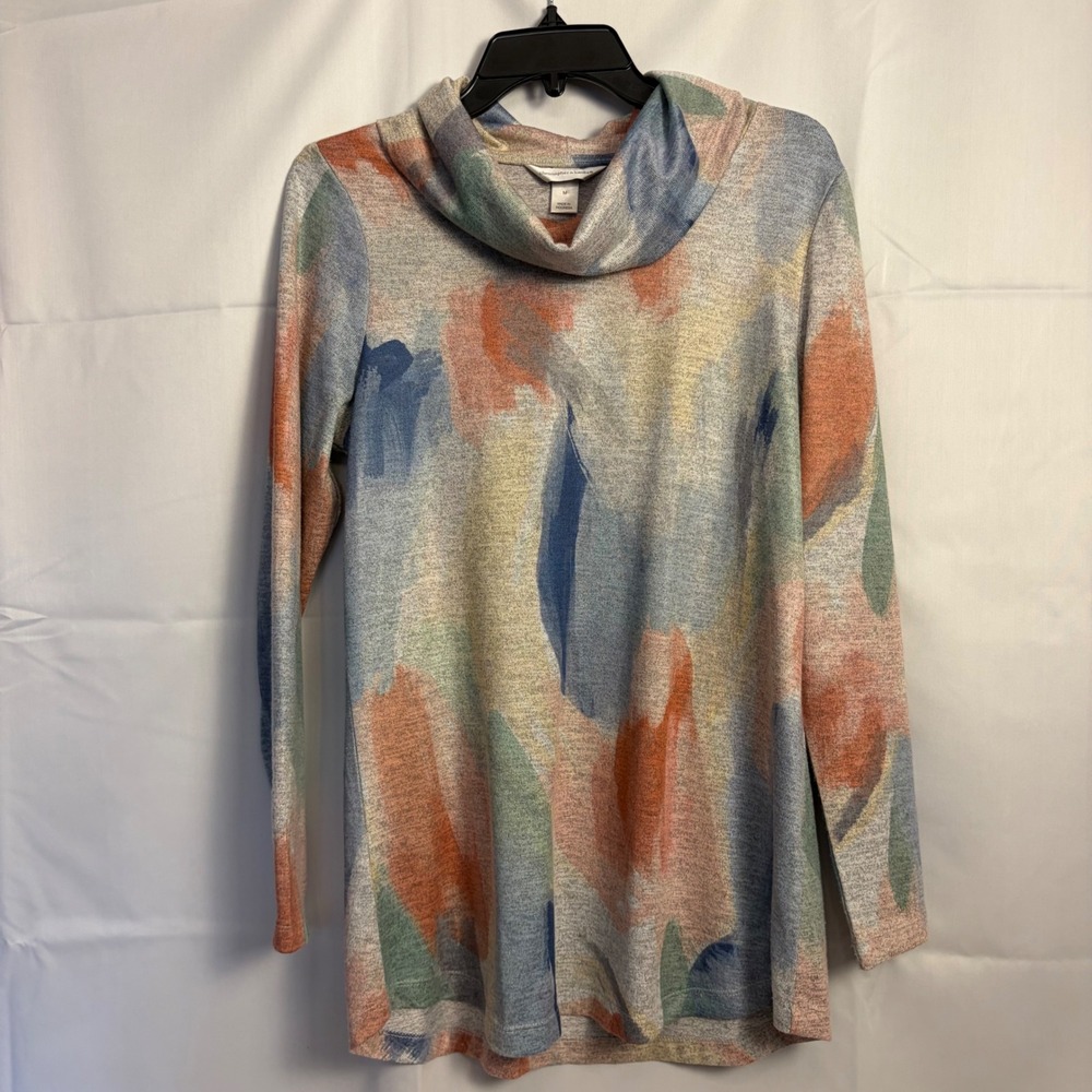 Christopher & Banks Cowl Neck Abstract Brushstroke Print Knit Tunic Top Womens M